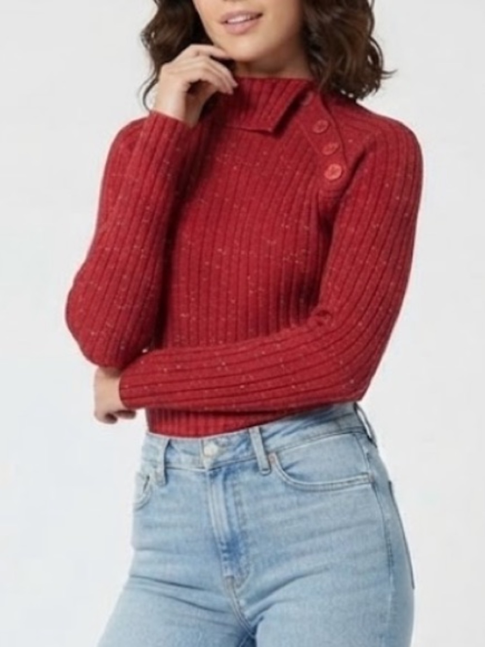 Tommy Hilfiger Vintage Red Ribbed Button-Shoulder Turtleneck Sweater Medium